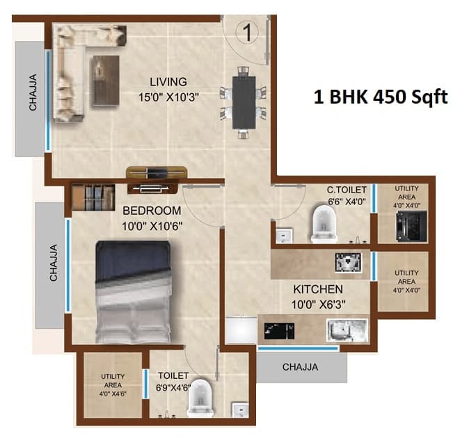 1 BHK T1 floor plan