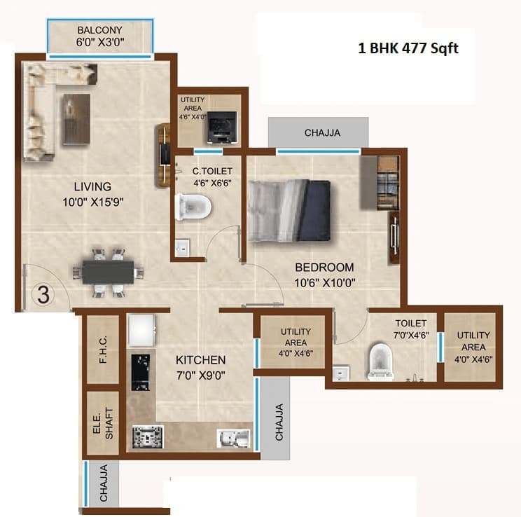 1 BHK T2 floor plan