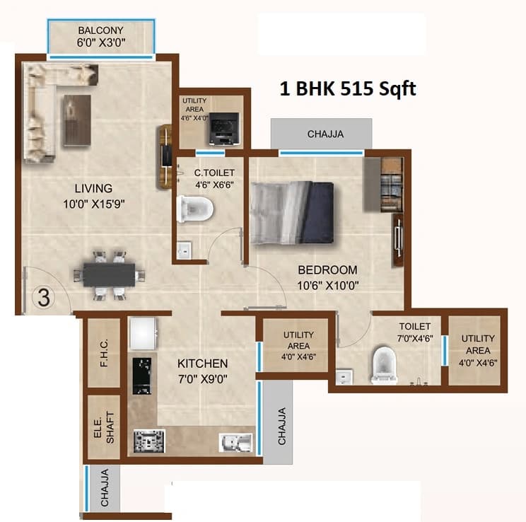 1 BHK T3 floor plan