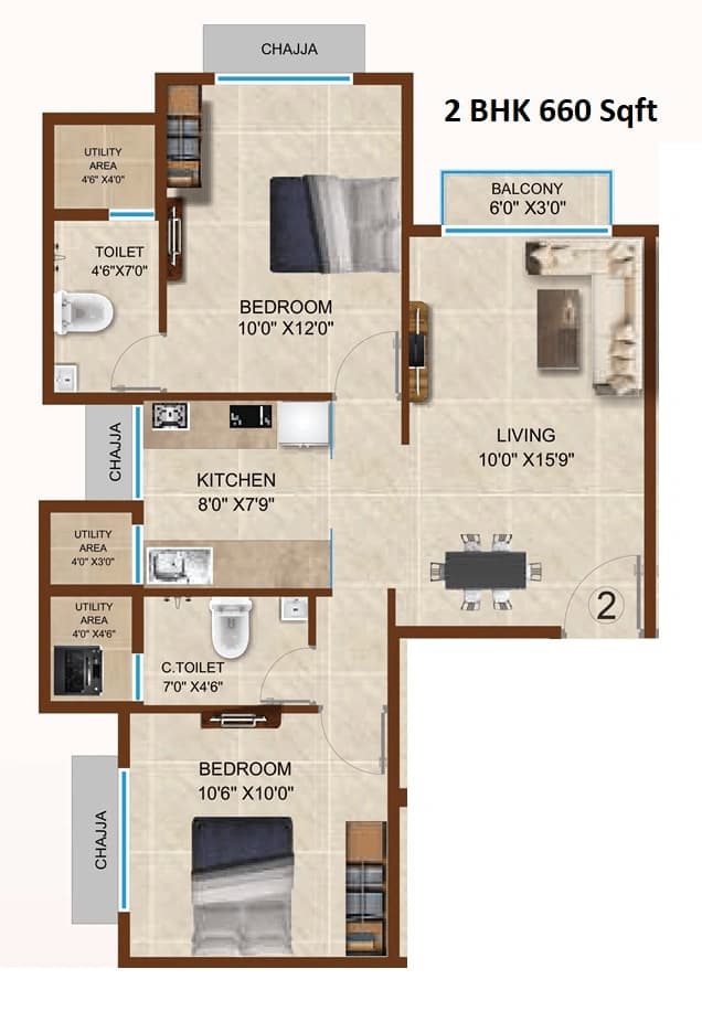 2 BHK T2 floor plan