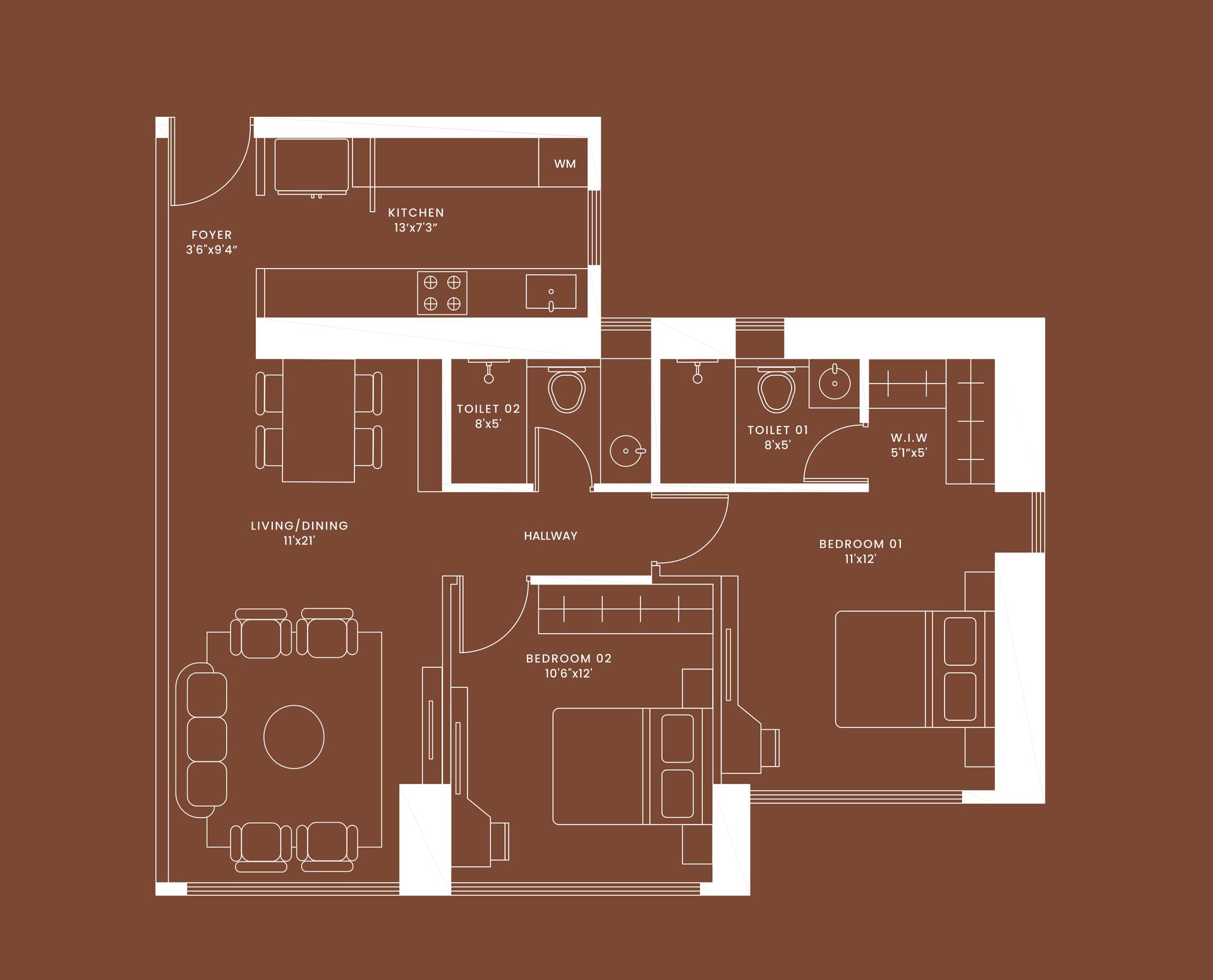 2BHK Type1 floor plan