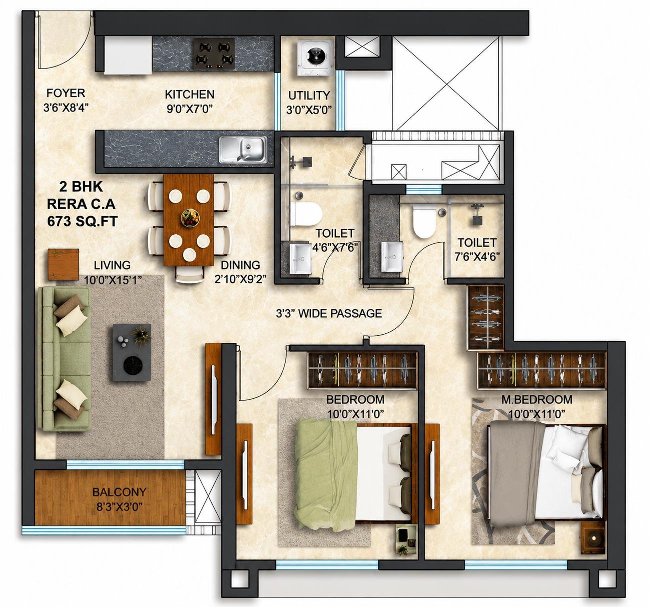 2BHK floor plan