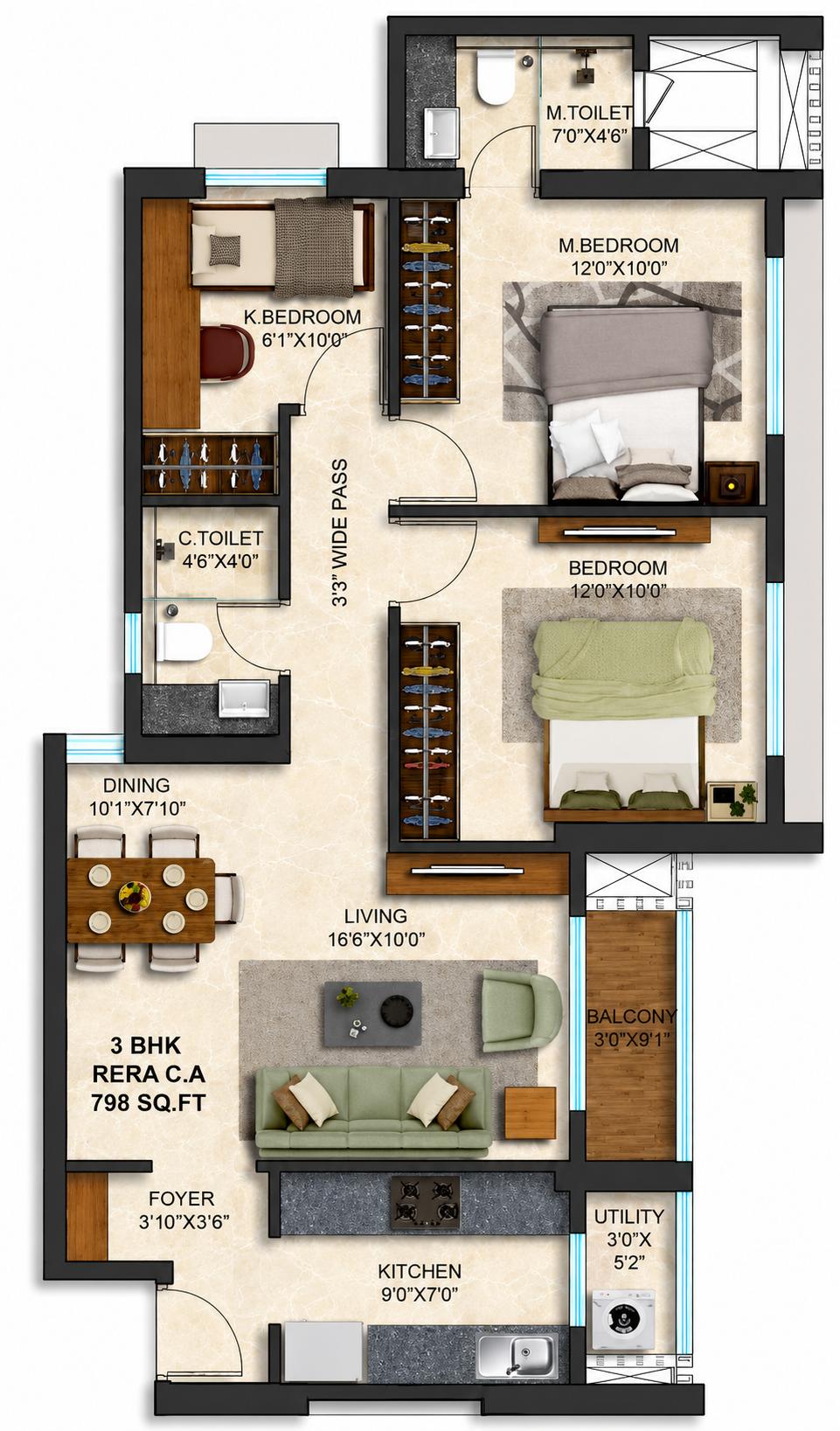 3BHK Type2 floor plan