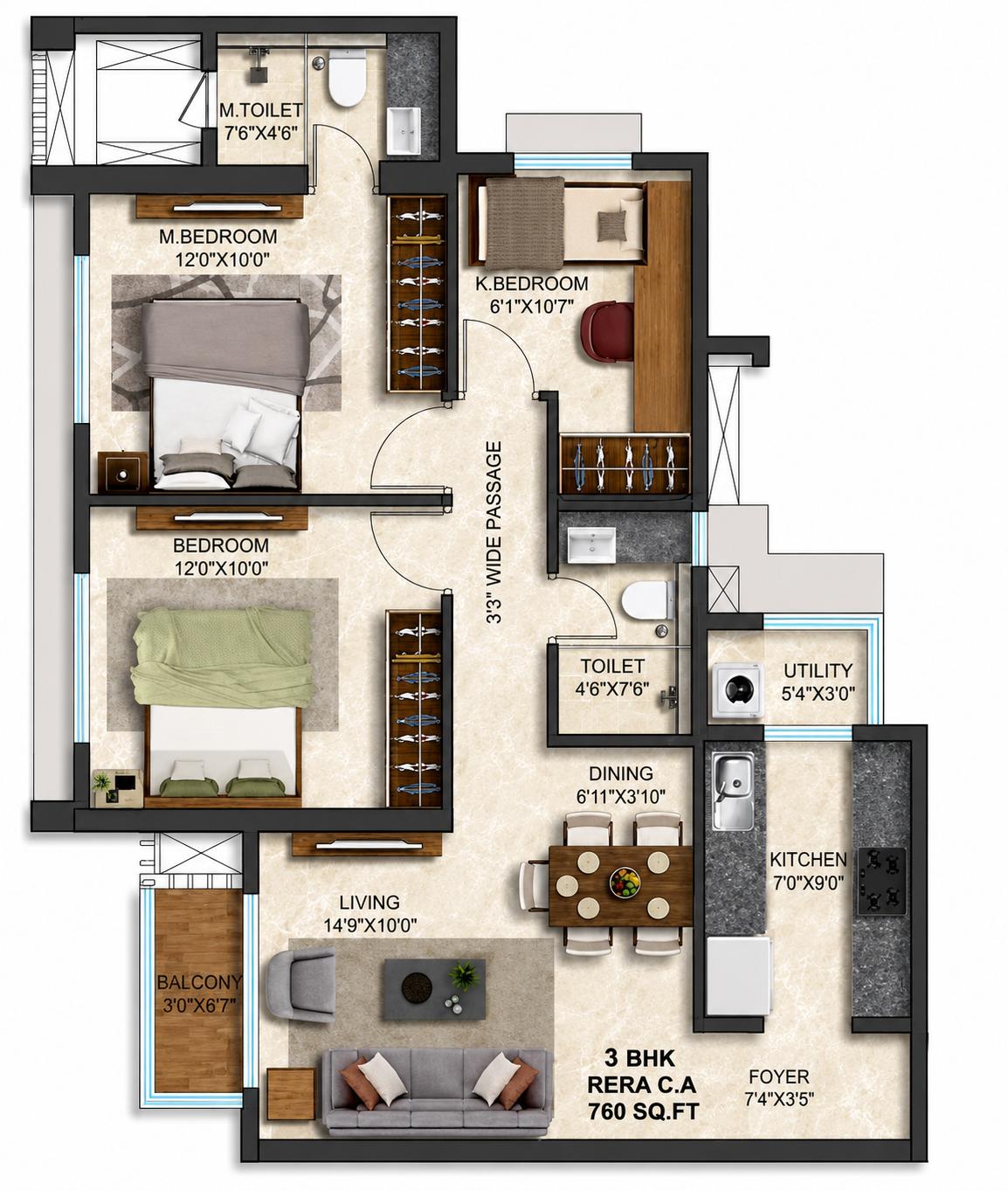 3BHK Type1 floor plan