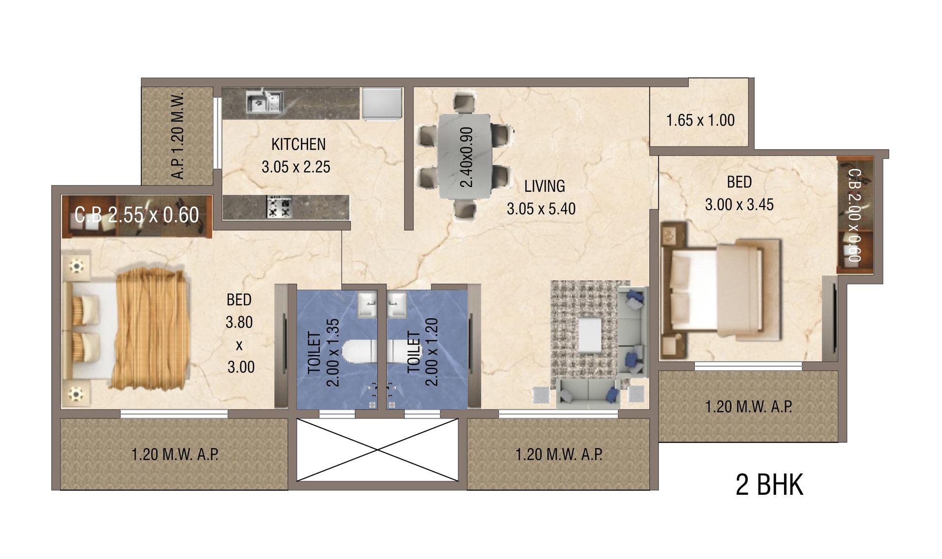 2BHK floor plan