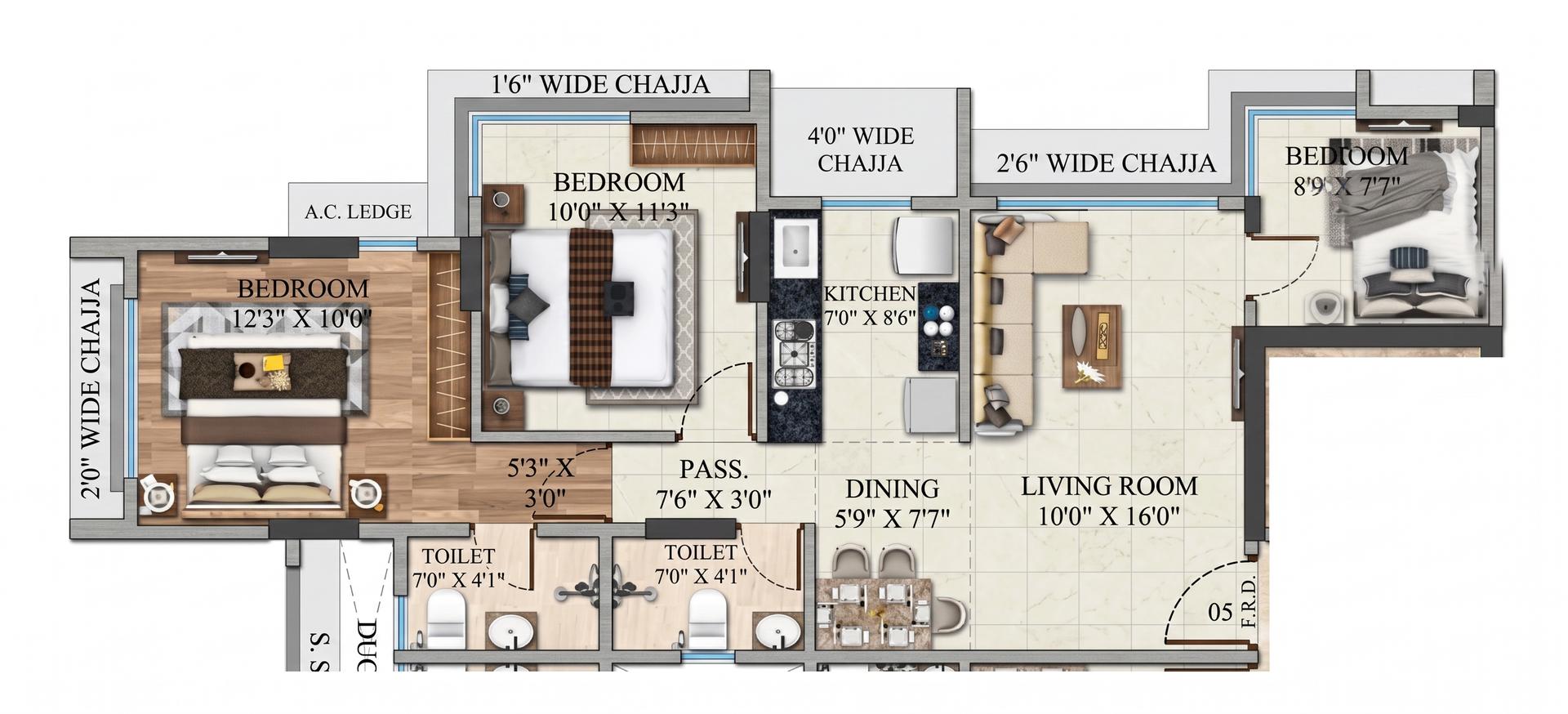 3 BHK floor plan