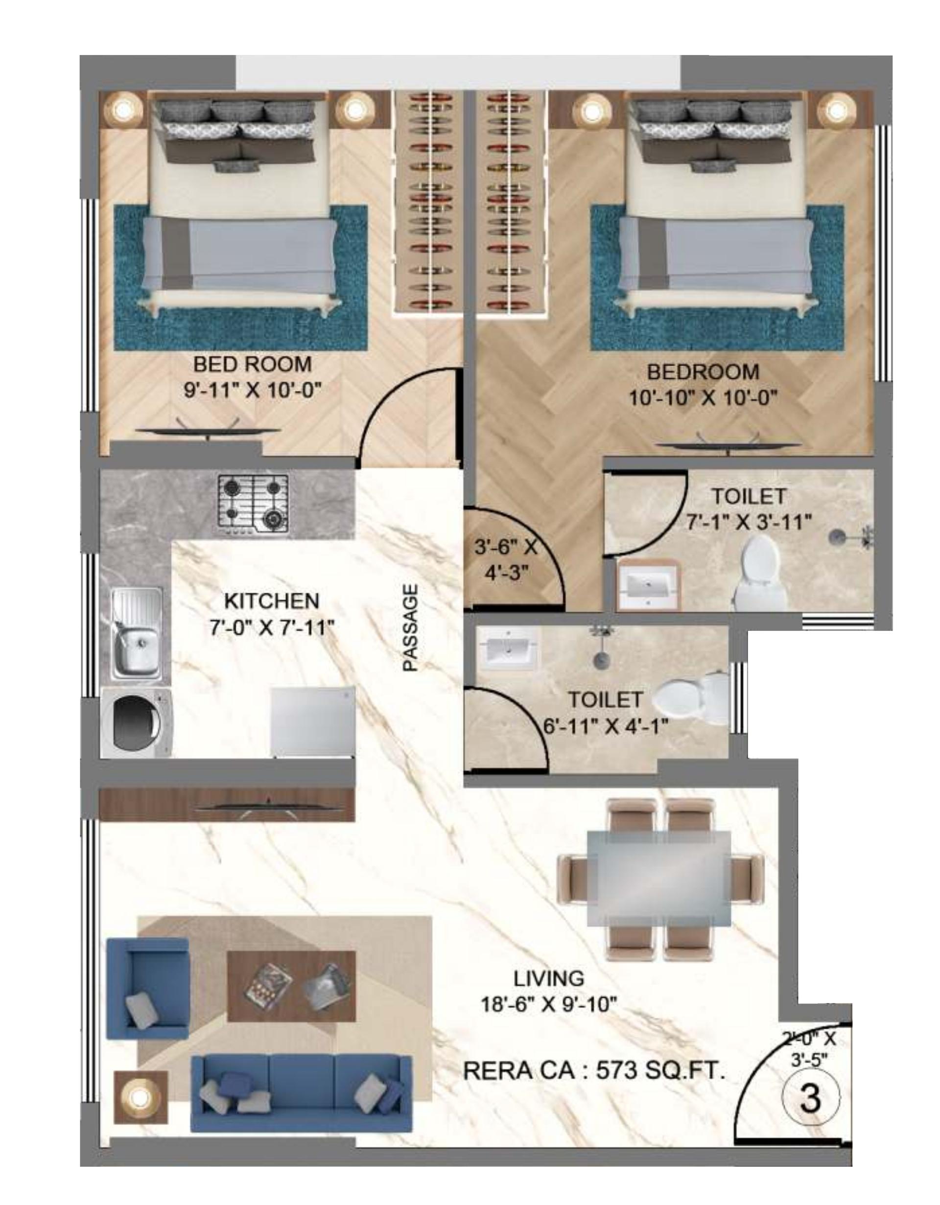 2 BHK T1 floor plan