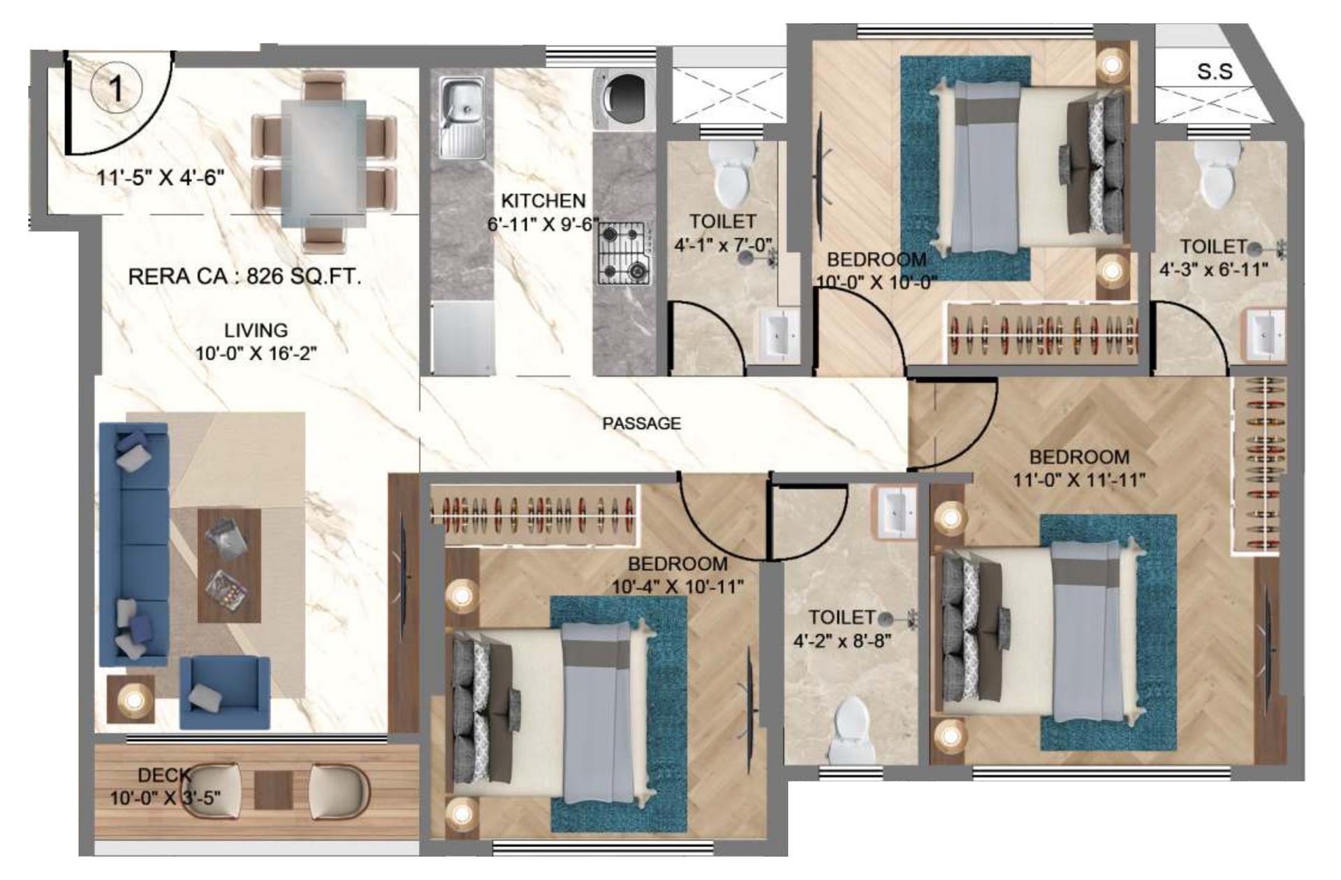 3 BHK floor plan
