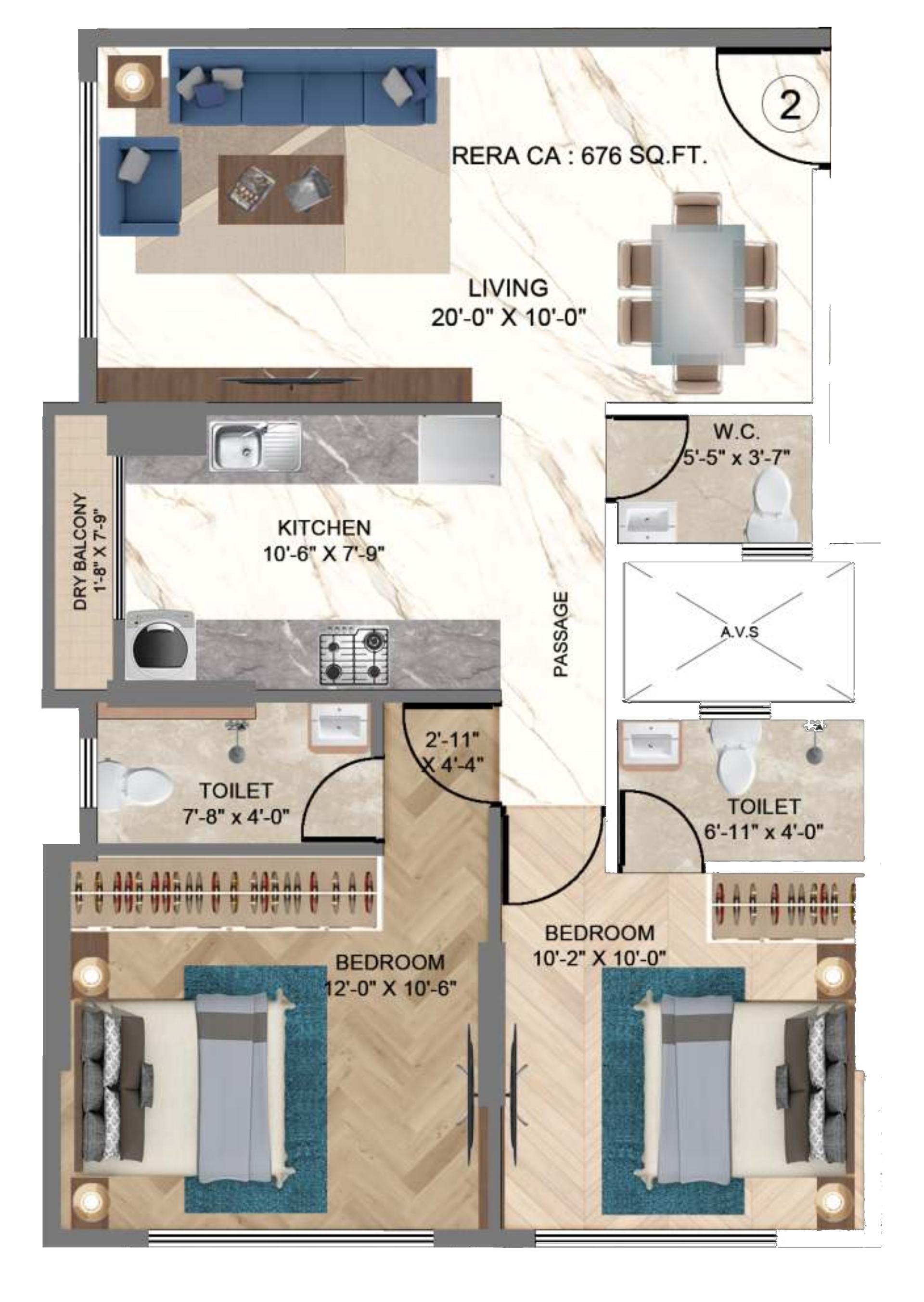 2 BHK T2 floor plan