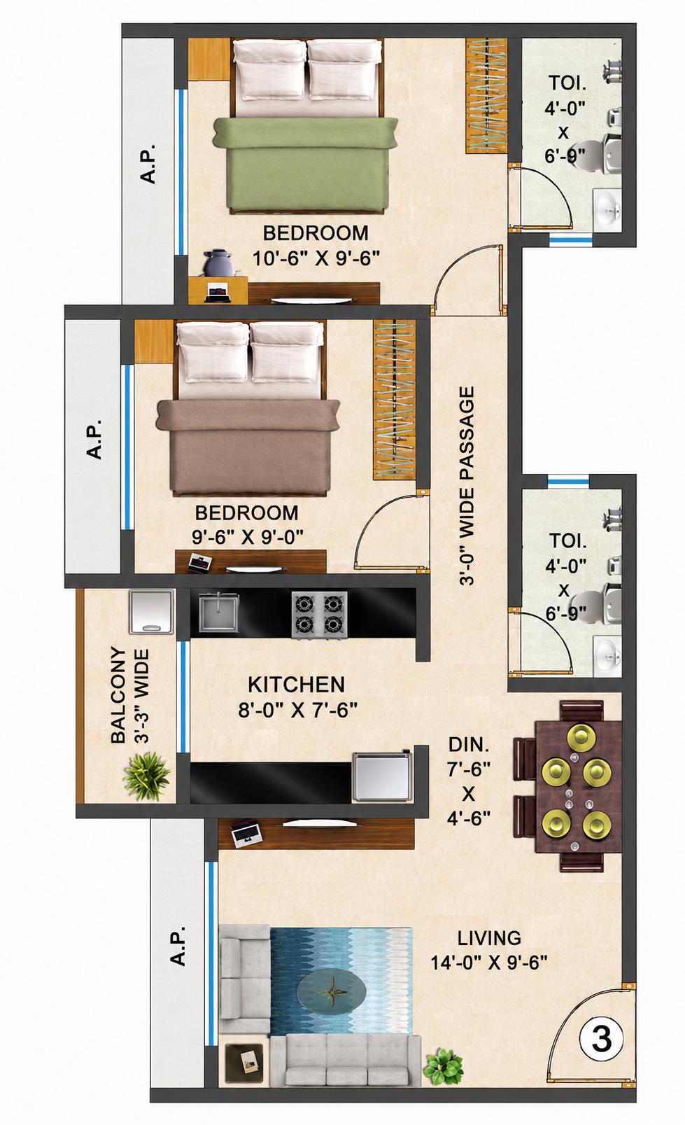 2BHK floor plan