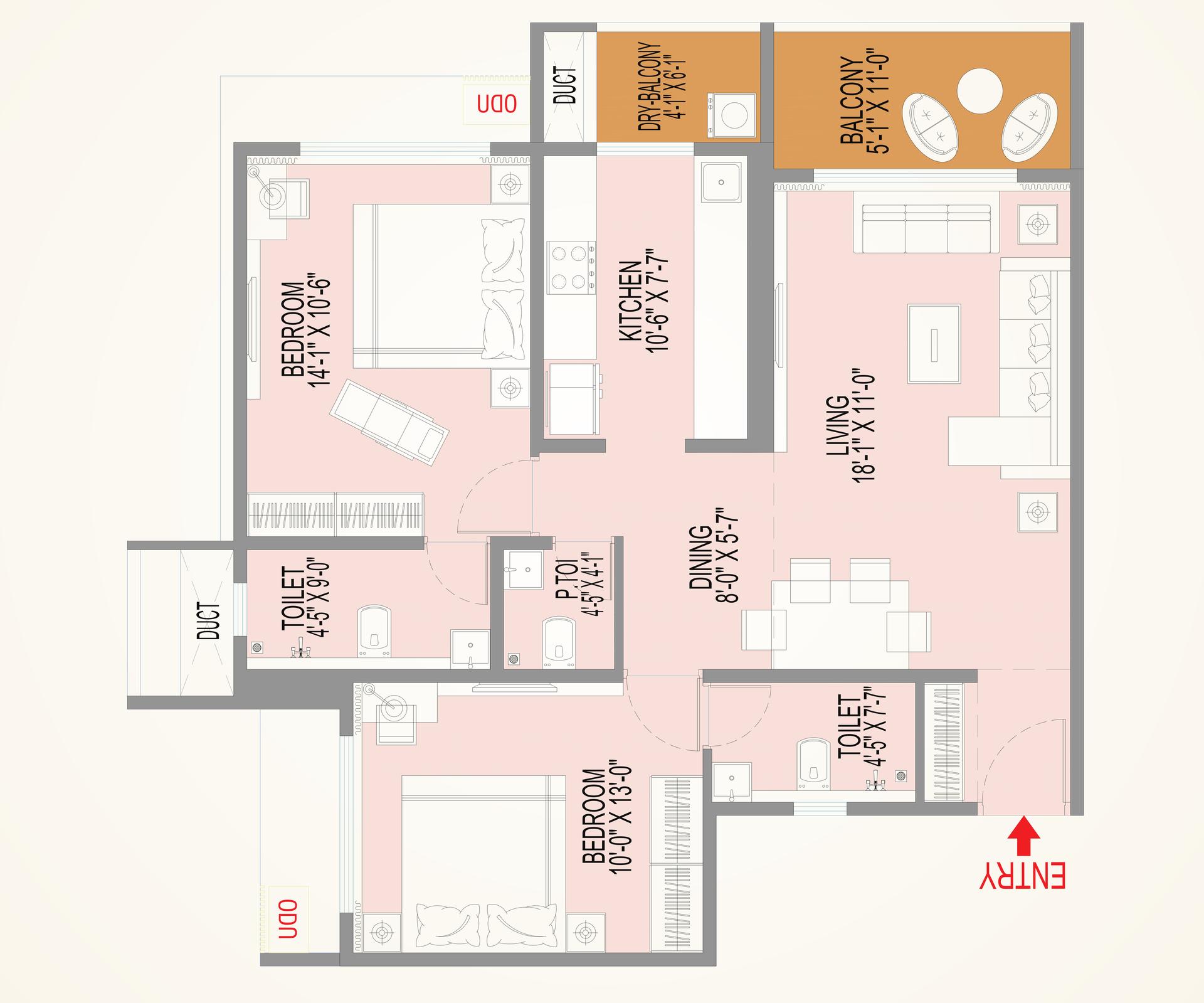 2 BHK Type4 floor plan