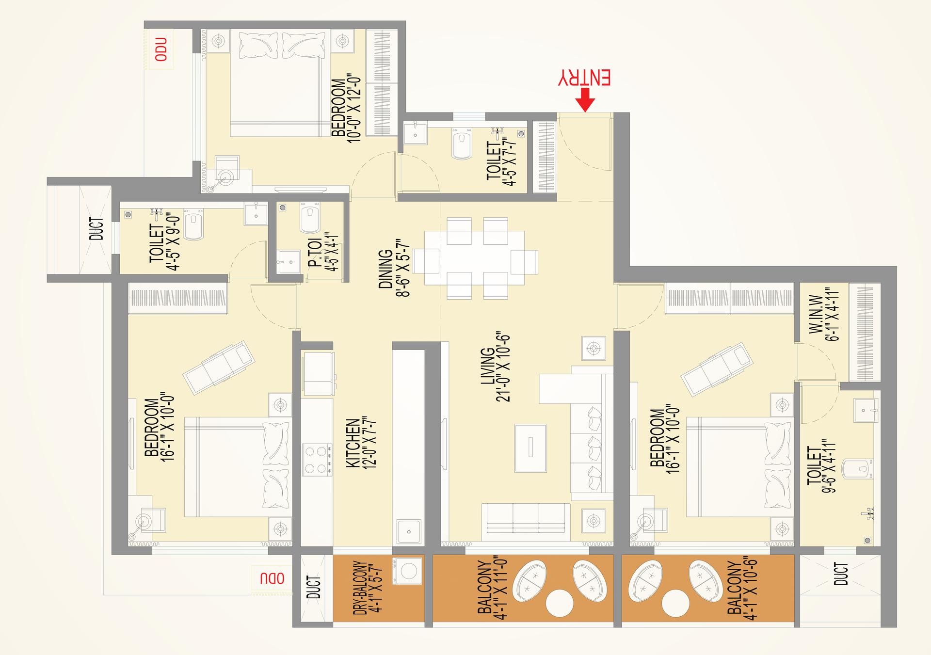 3 BHK Type1 floor plan