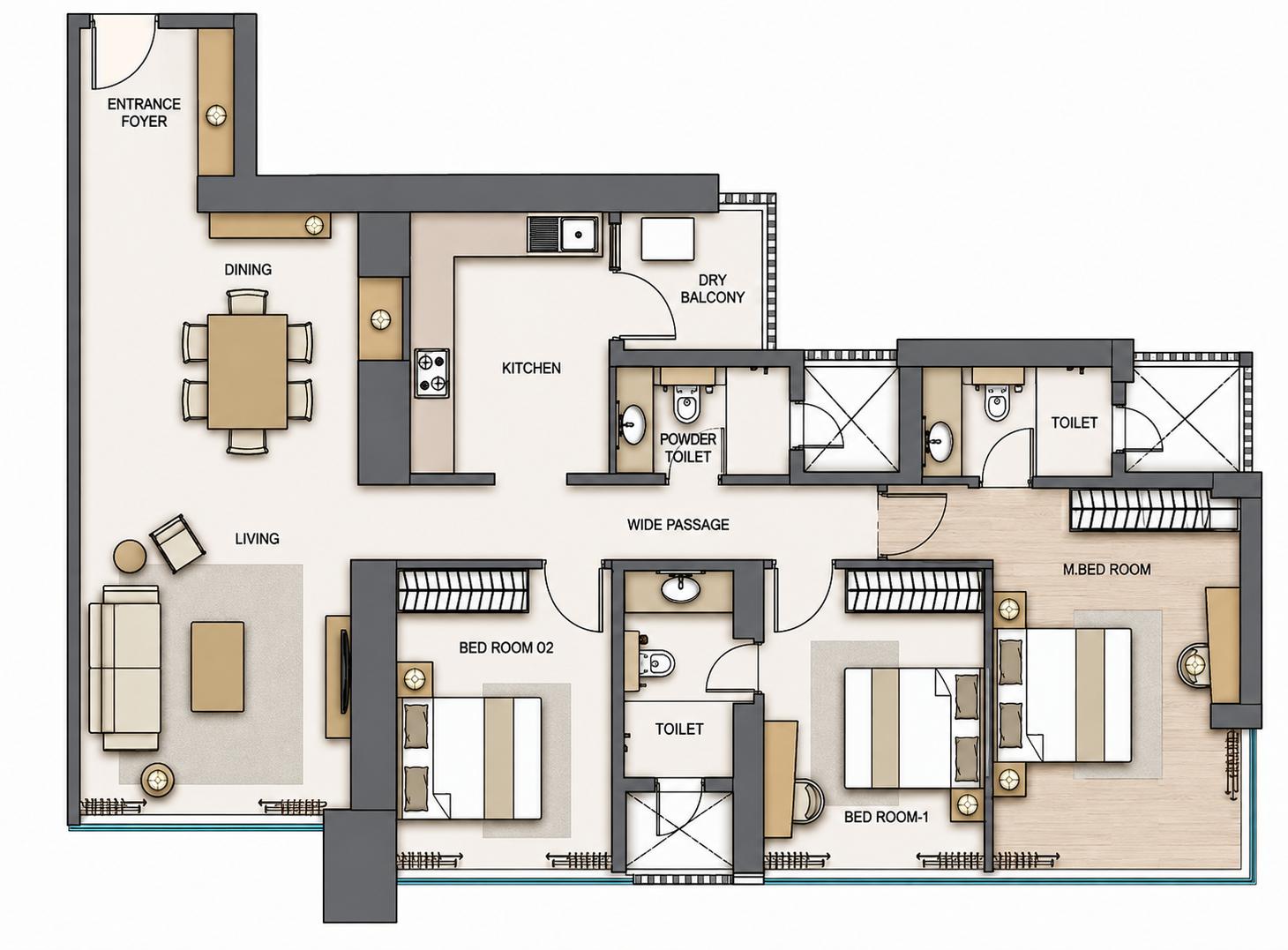 3BHK Grand floor plan