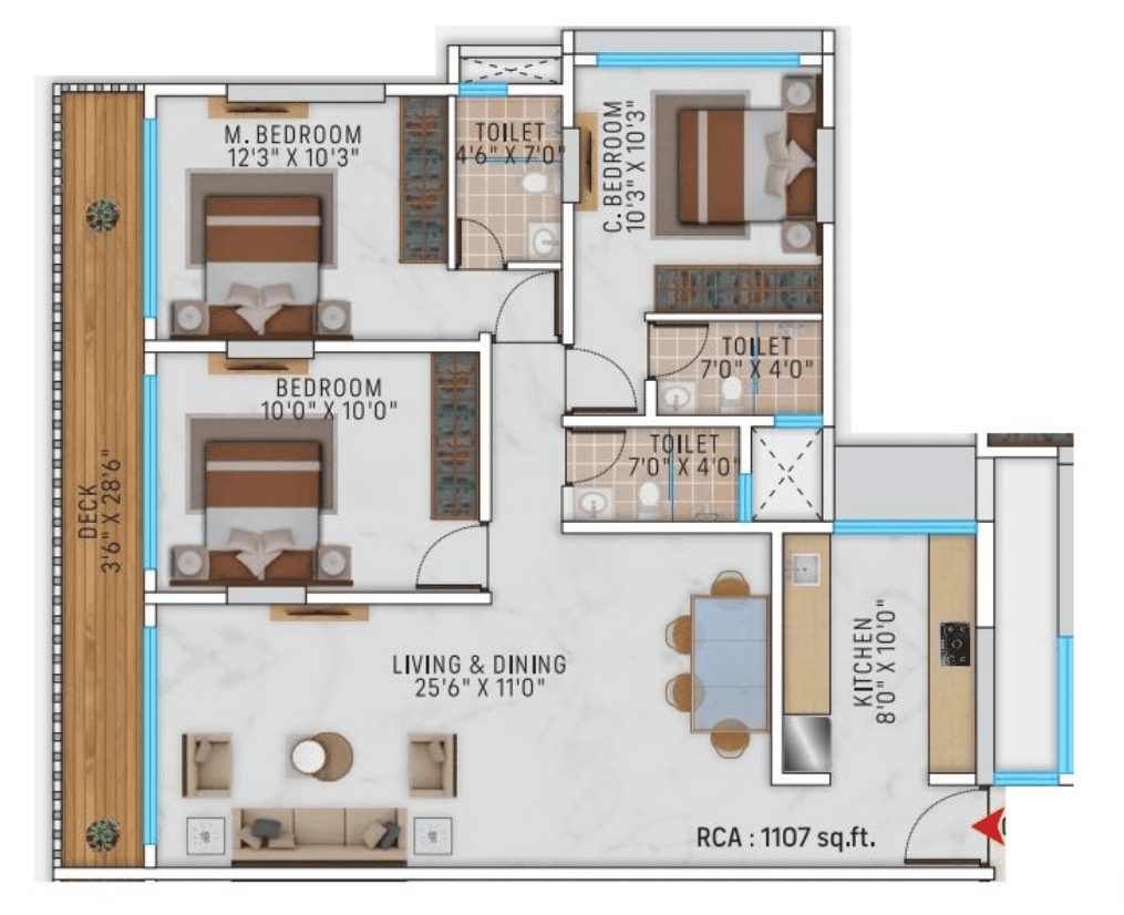 3 BHK Type1 floor plan