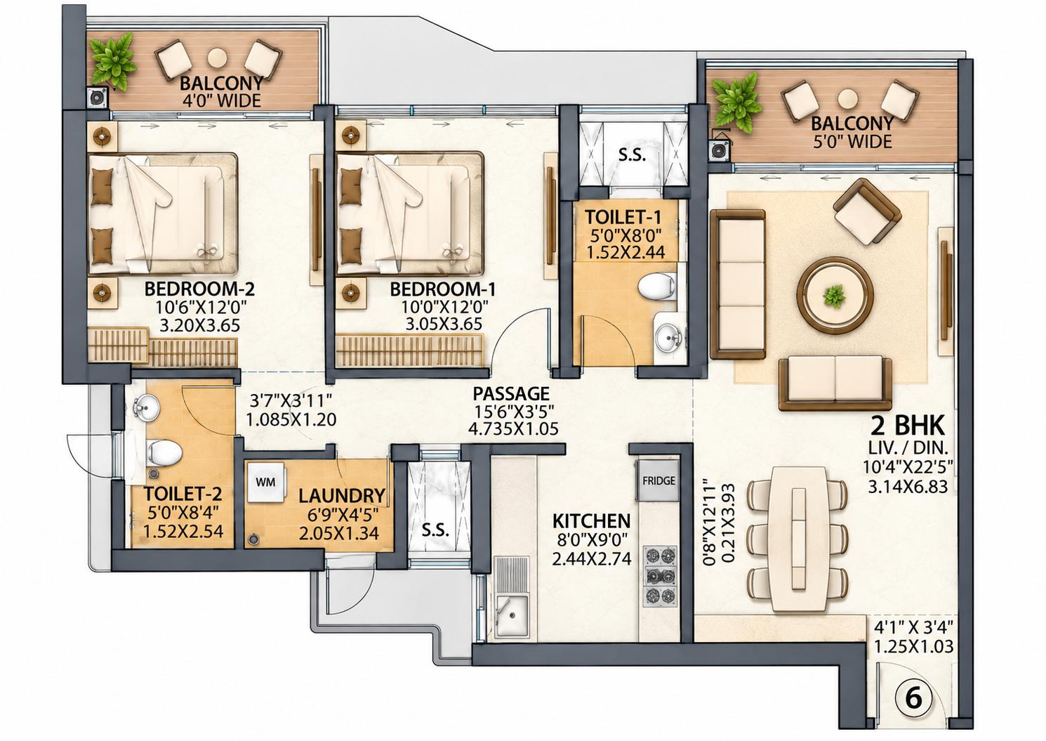 2BHK (Type A) floor plan