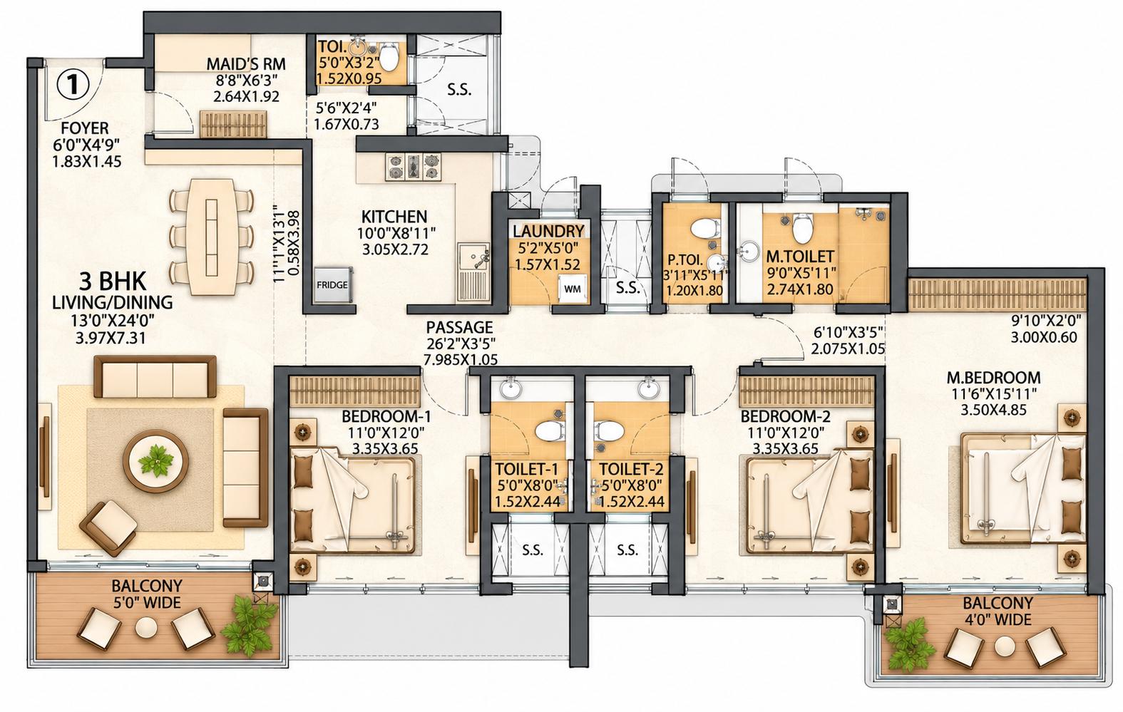 3BHK floor plan