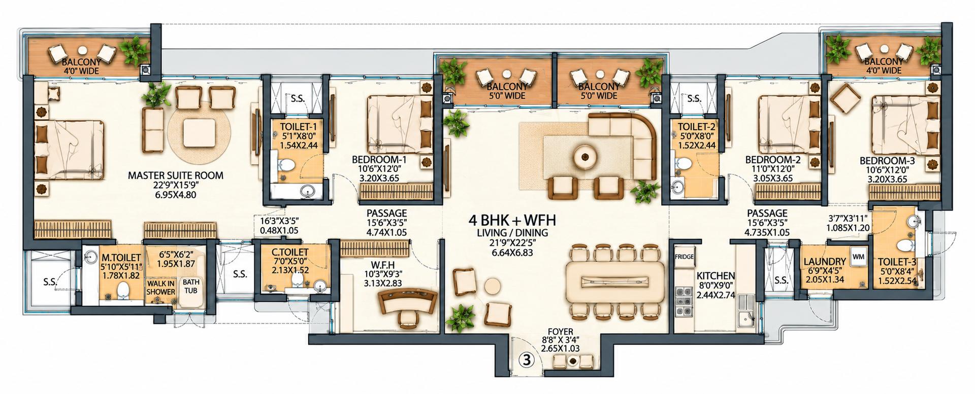 4BHK (2+3) Jodi floor plan