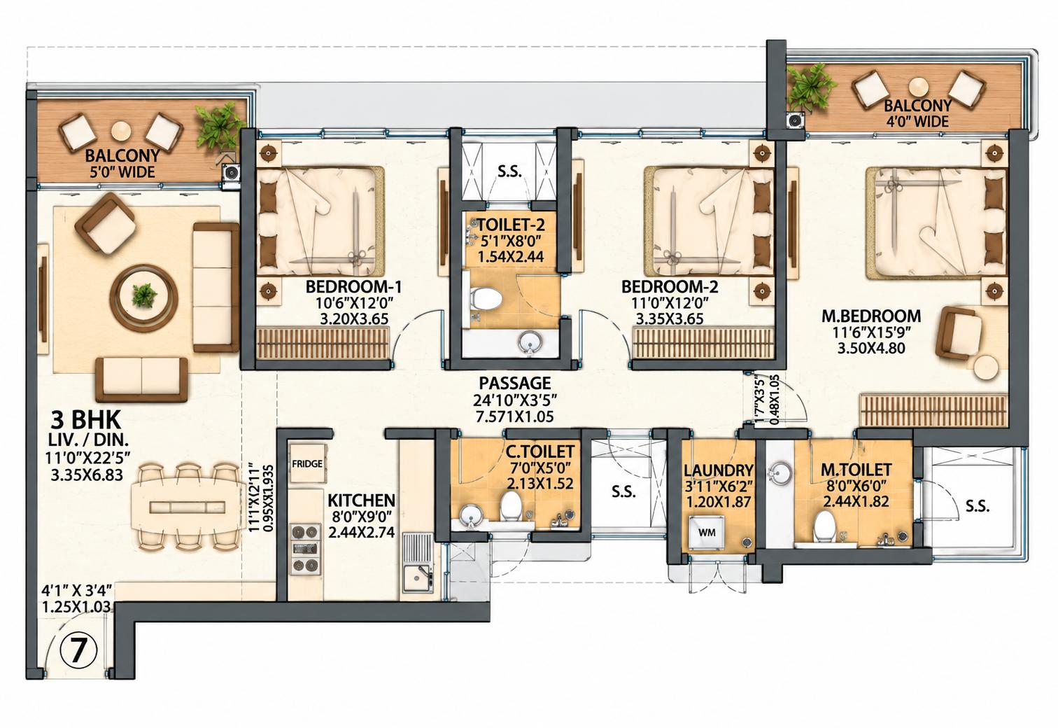 3BHK (Type A) floor plan