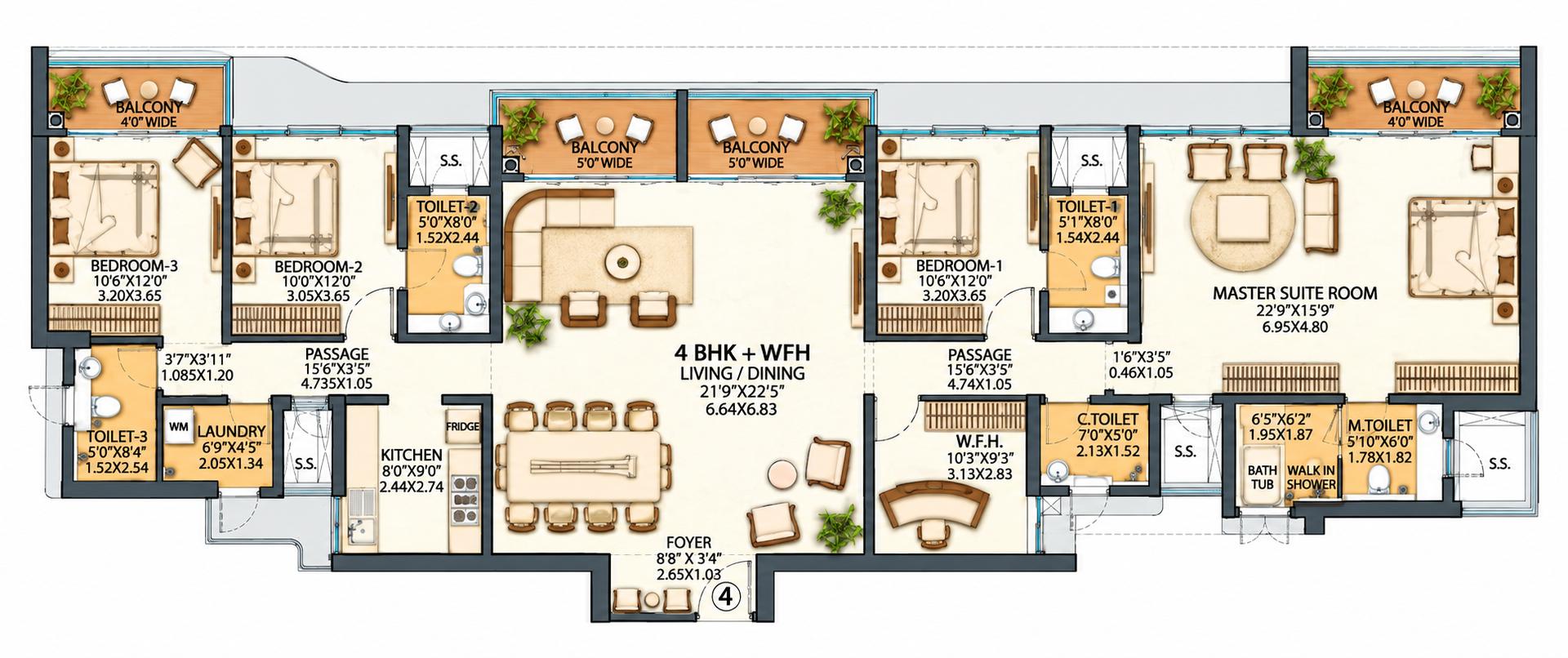4BHK (2+3) Jodi floor plan