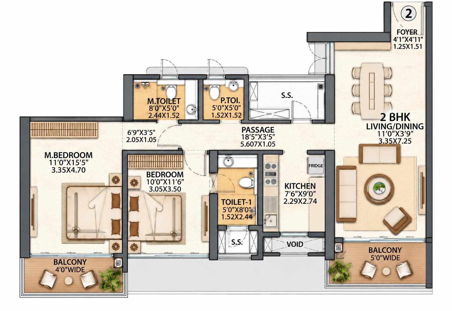 2BHK floor plan