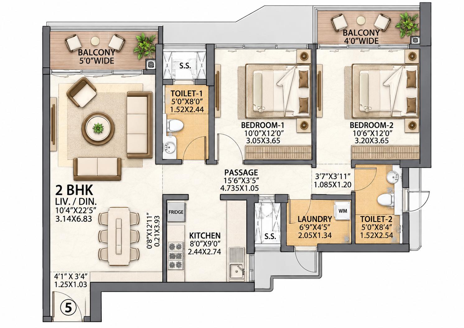 2BHK floor plan