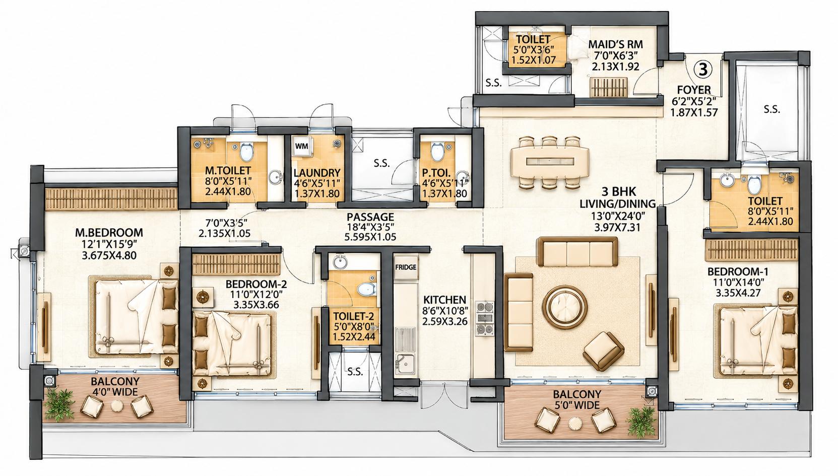 3BHK floor plan