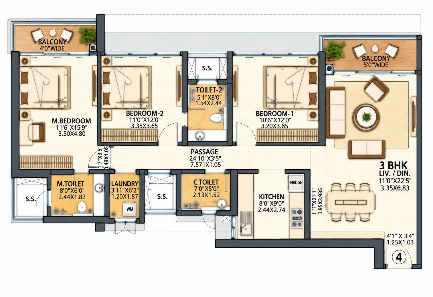 3BHK (Type B) floor plan