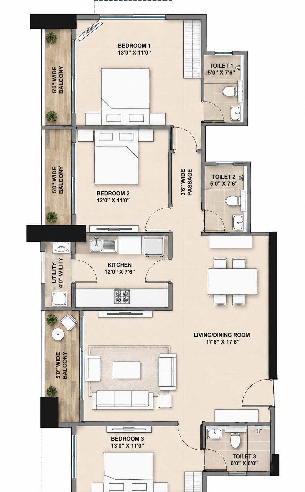 3BHK floor plan
