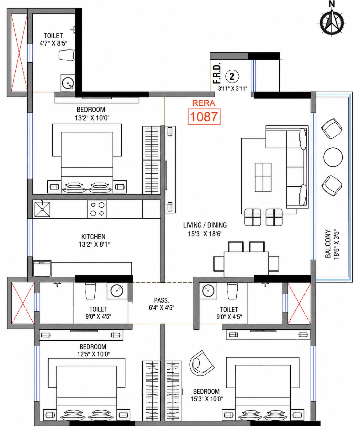 3BHK floor plan