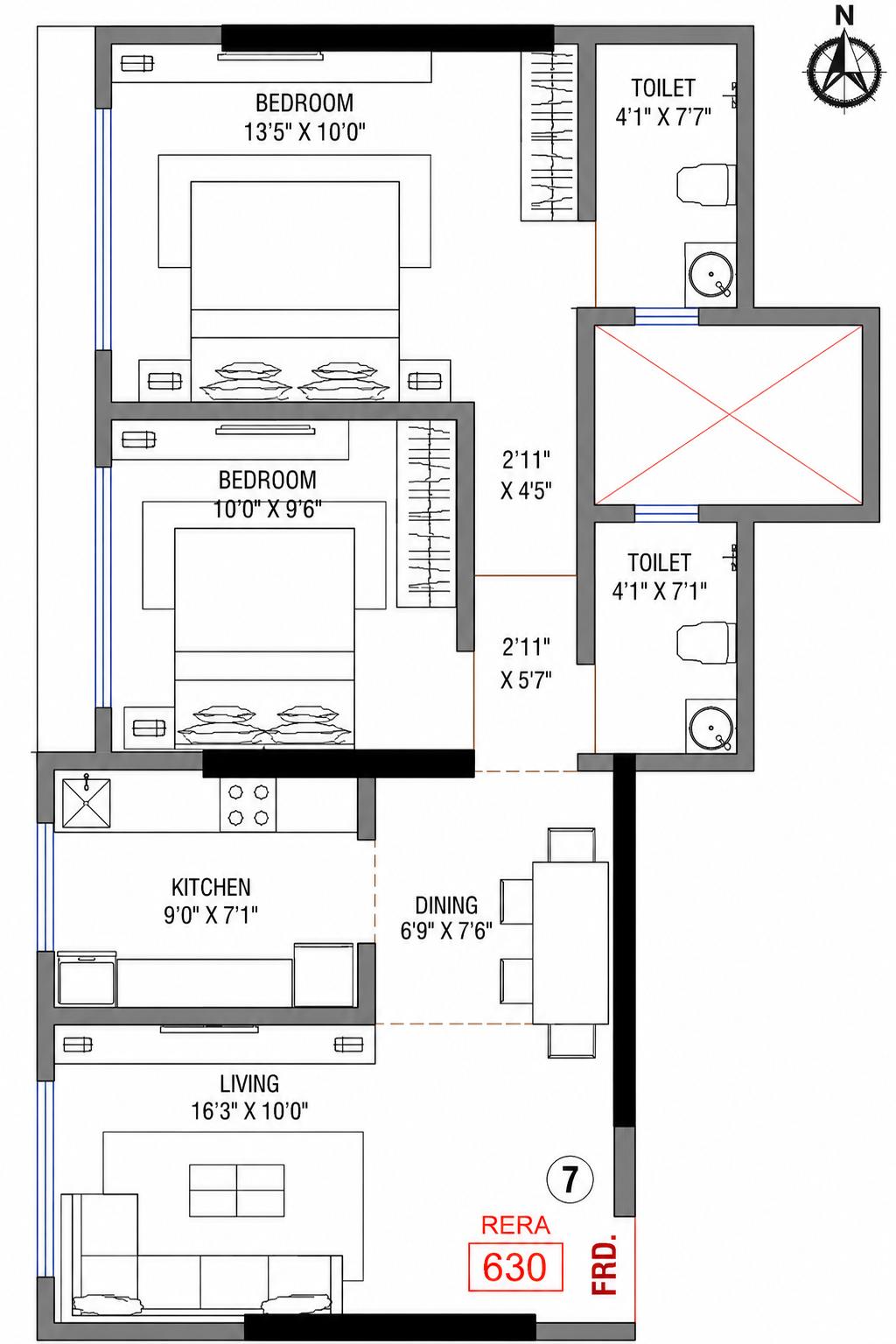 2BHK Grand floor plan