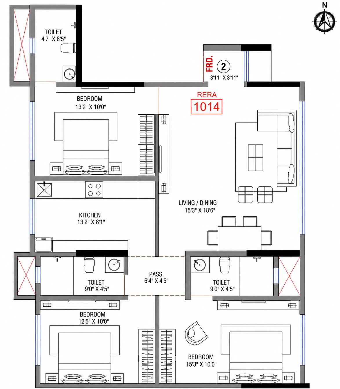 3BHK floor plan