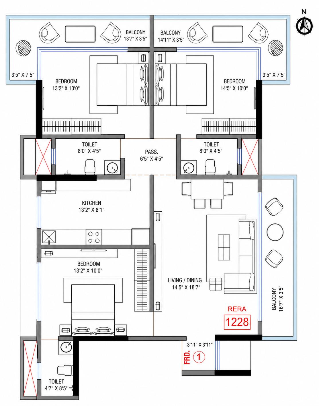 3BHK floor plan