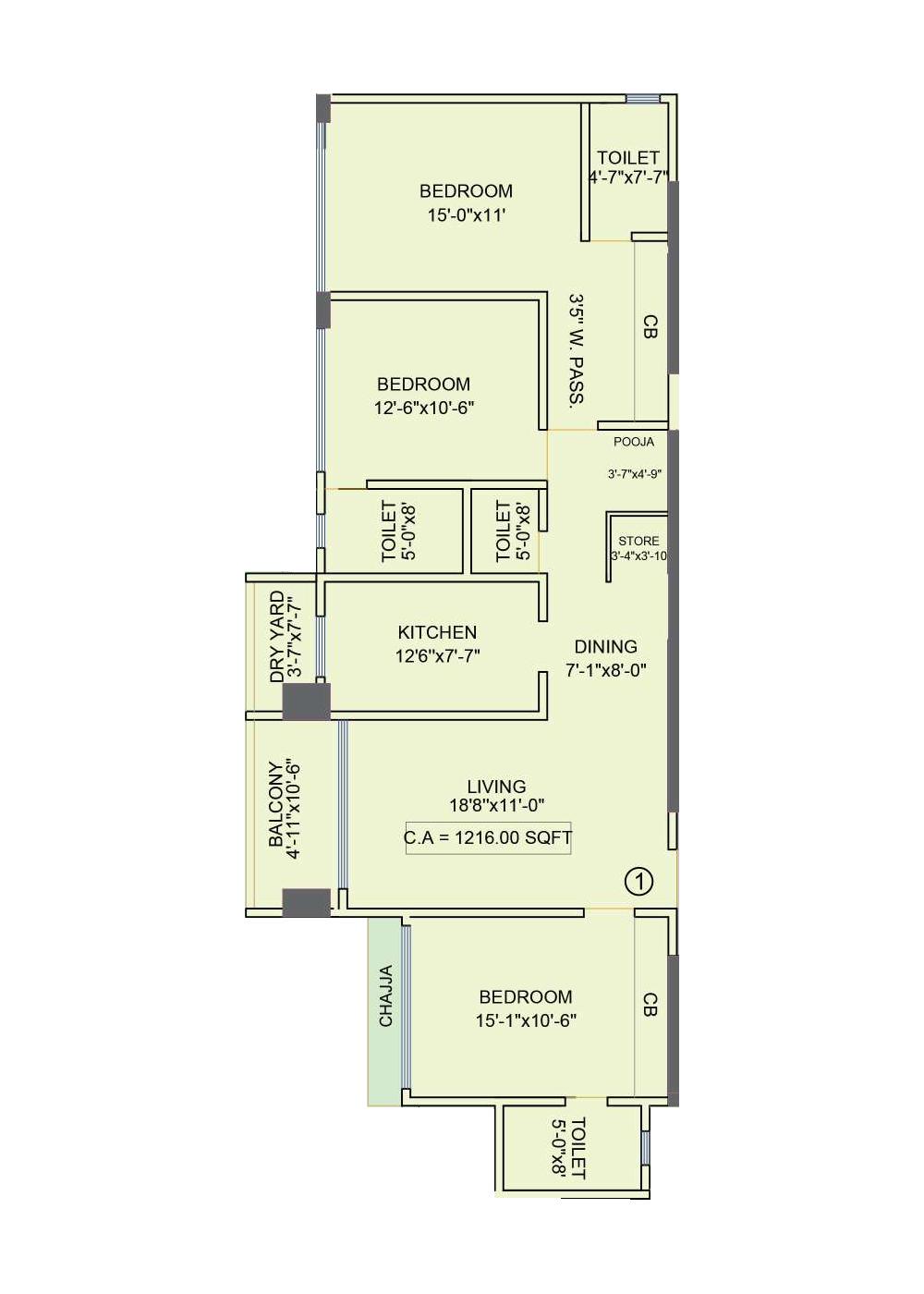 3BHK floor plan