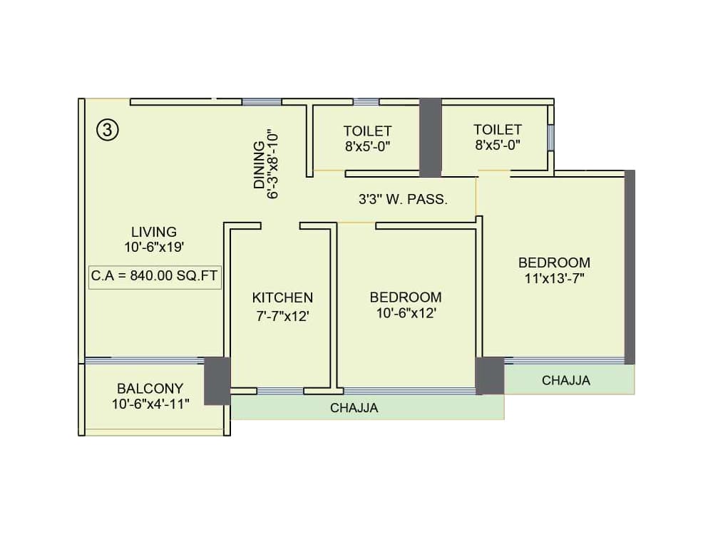 2BHK Type1 floor plan