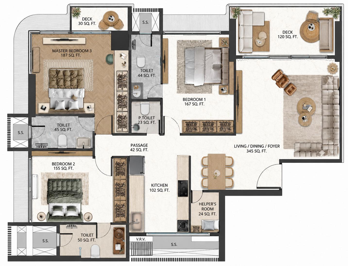 3BHK floor plan