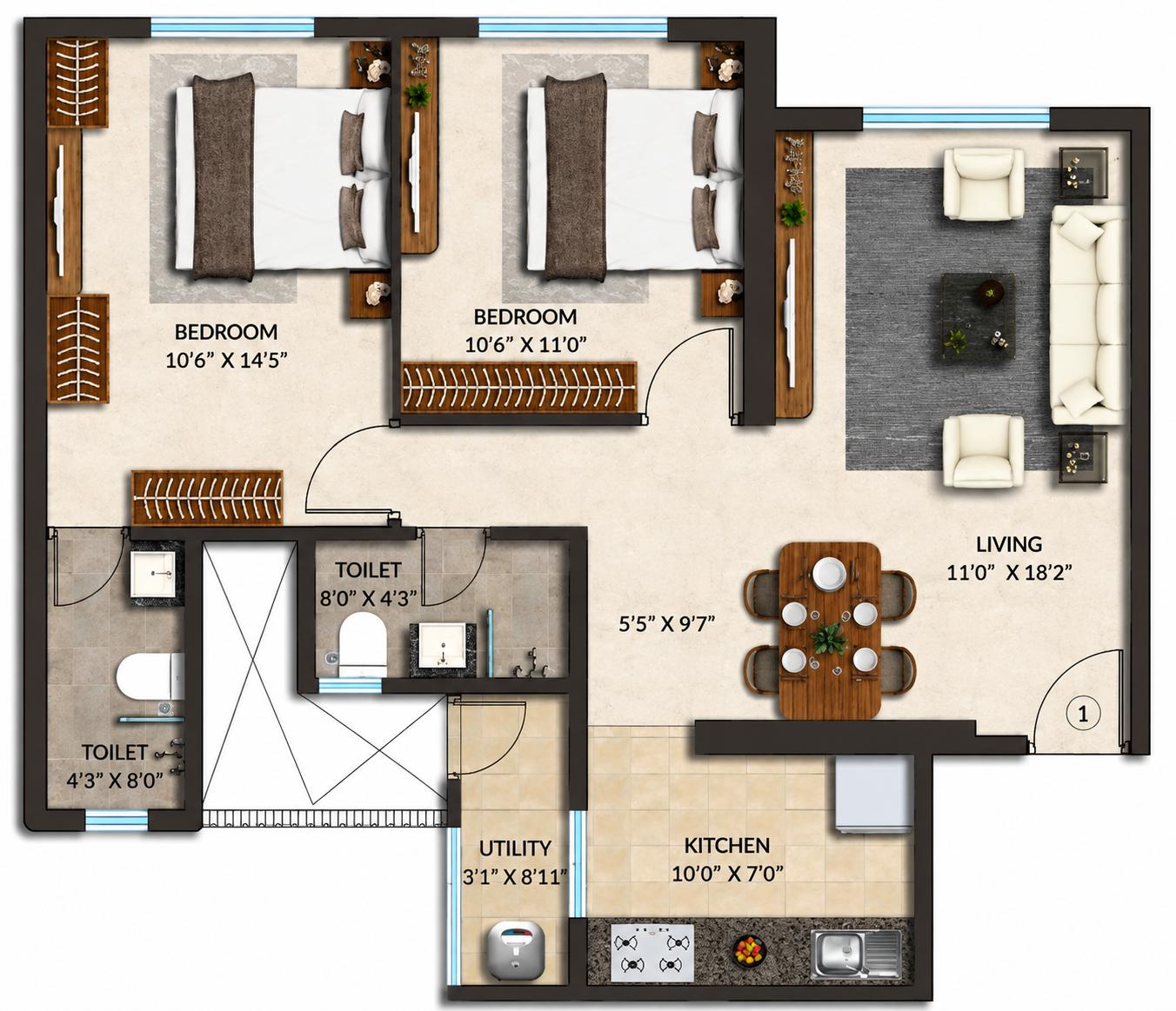2BHK floor plan