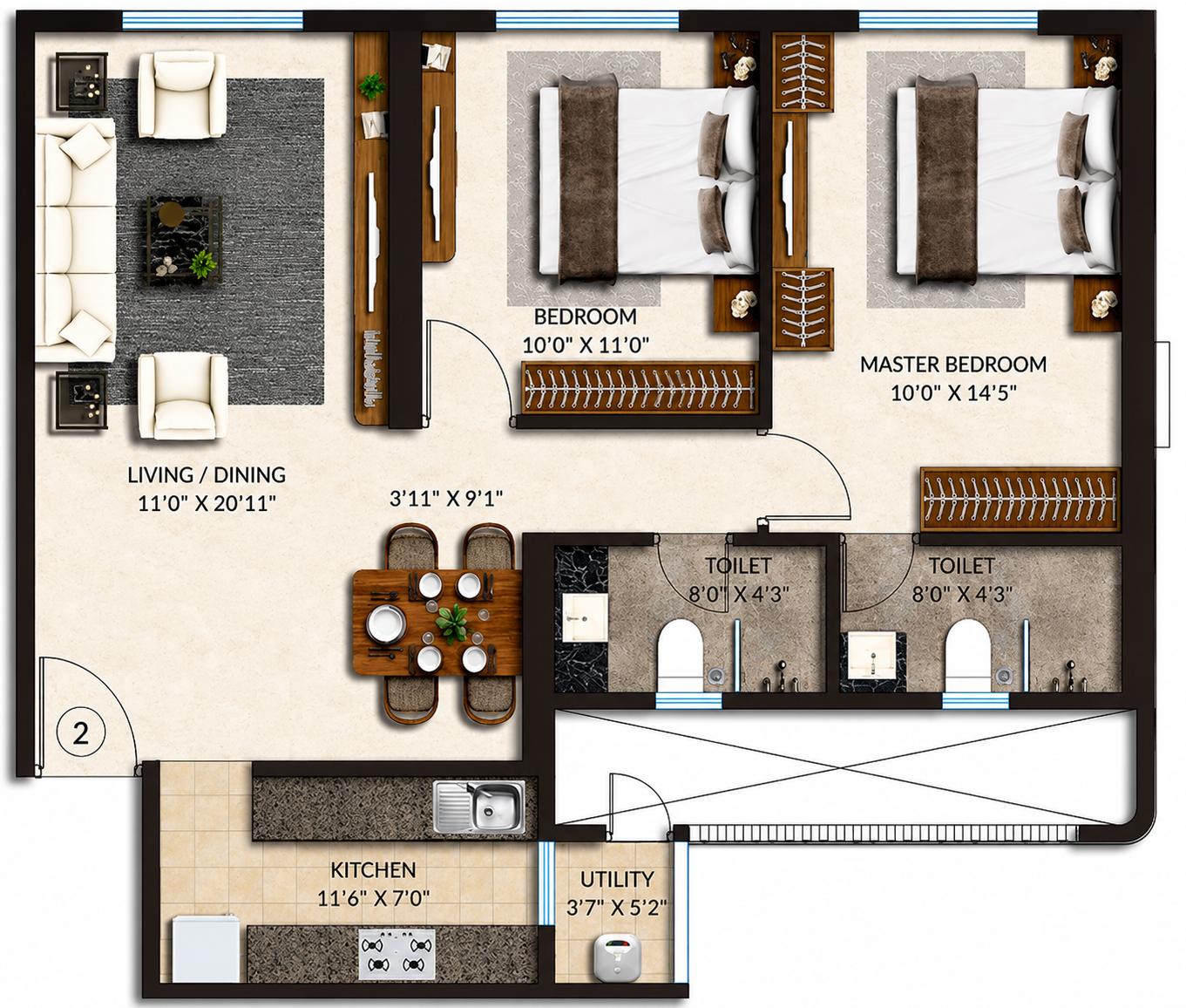 2BHK Elite floor plan