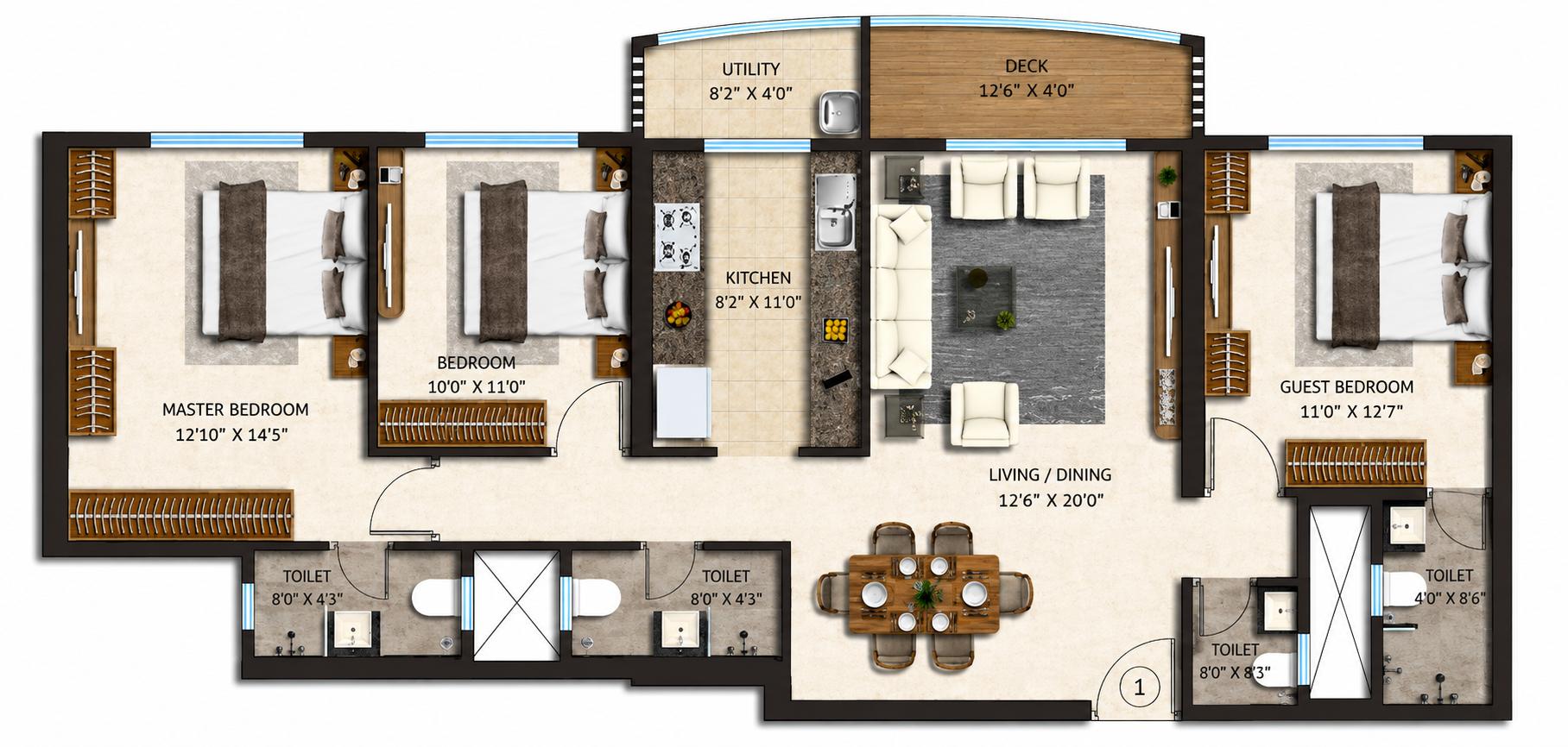 3BHK floor plan