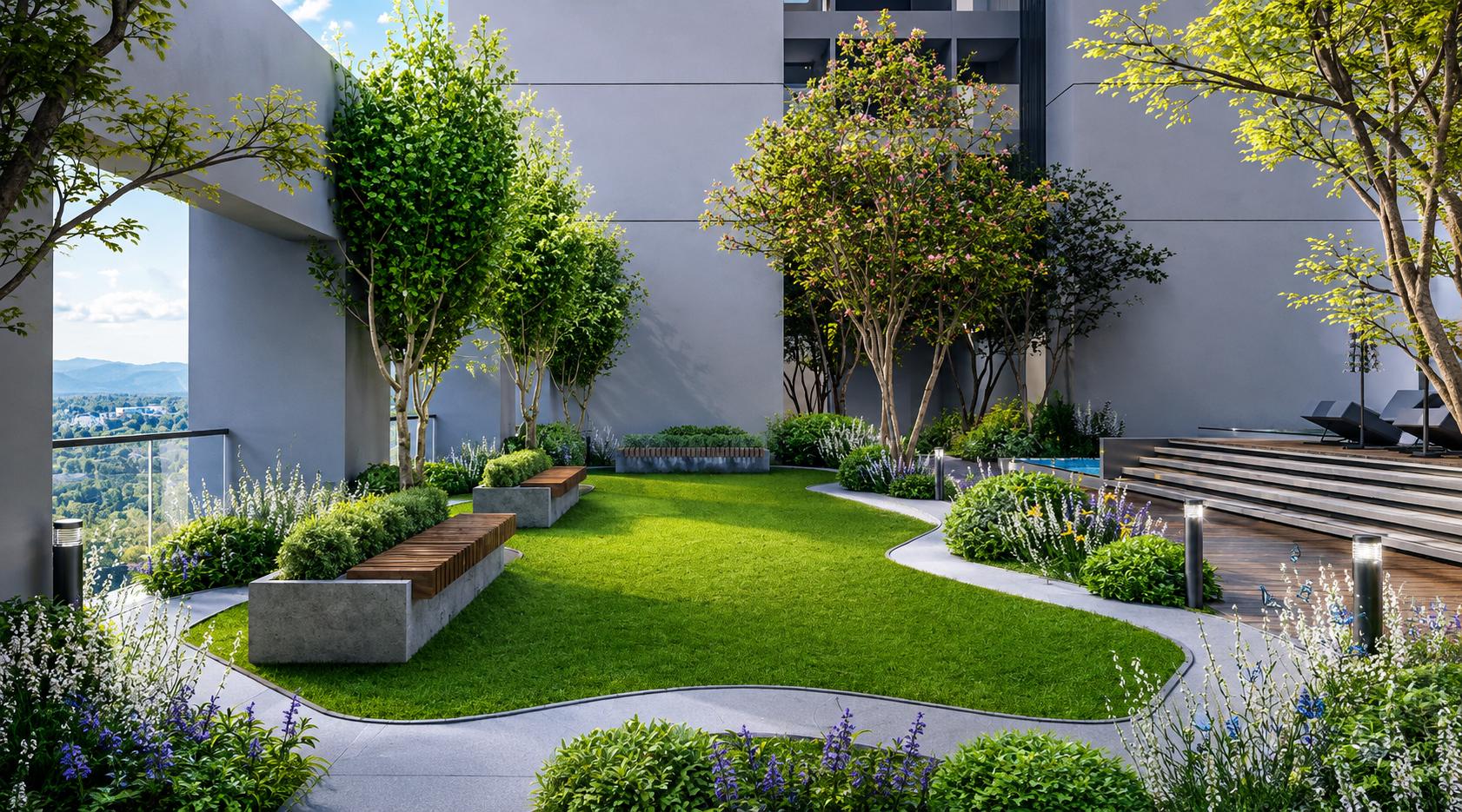 Landscaped gardens at Spenta Anthea, Versova