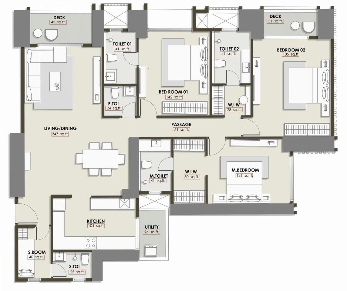 3 BHK T2 floor plan