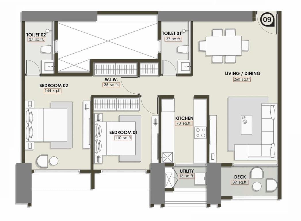 2 BHK T4 floor plan