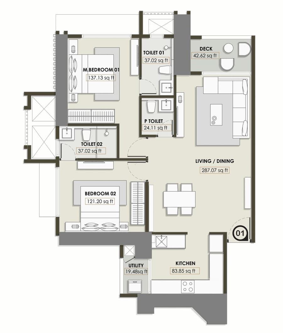 2 BHK T6 floor plan