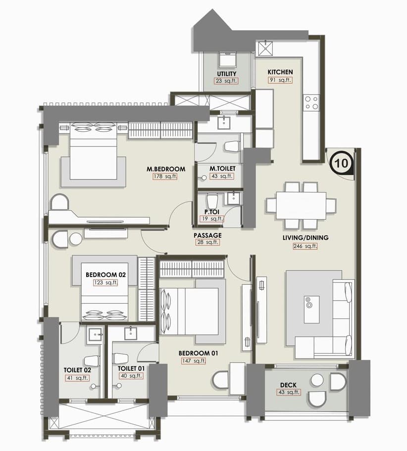 3 BHK T1 floor plan