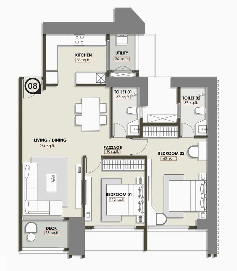 2 BHK T2 floor plan