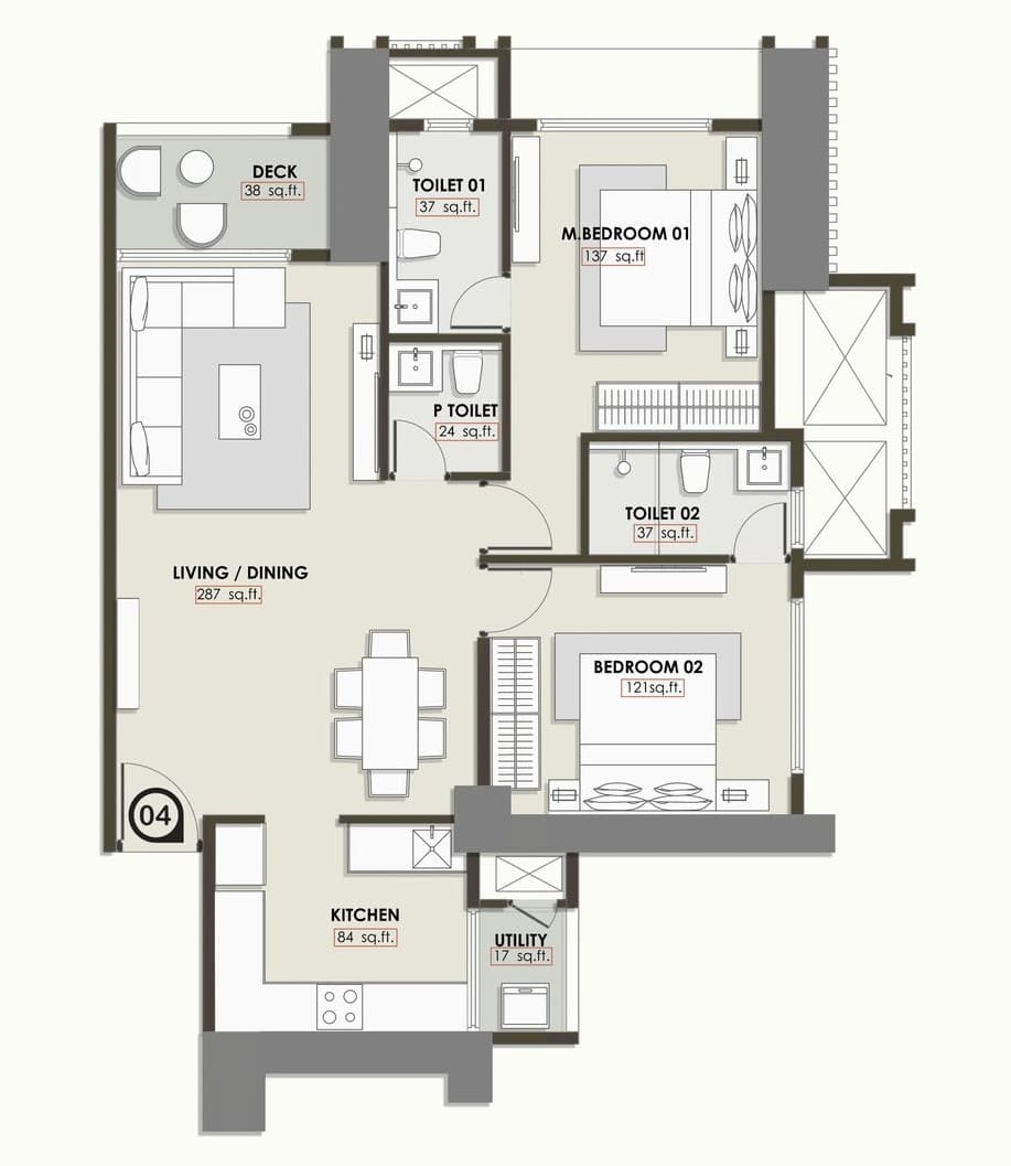 2 BHK T5 floor plan