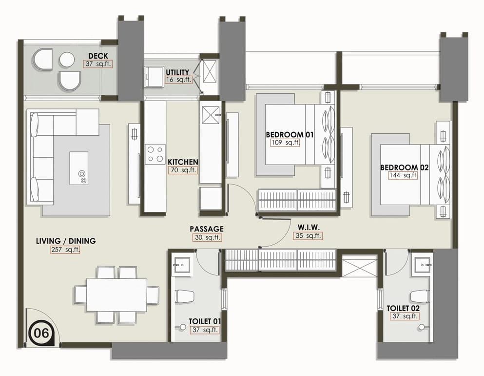 2 BHK T3 floor plan