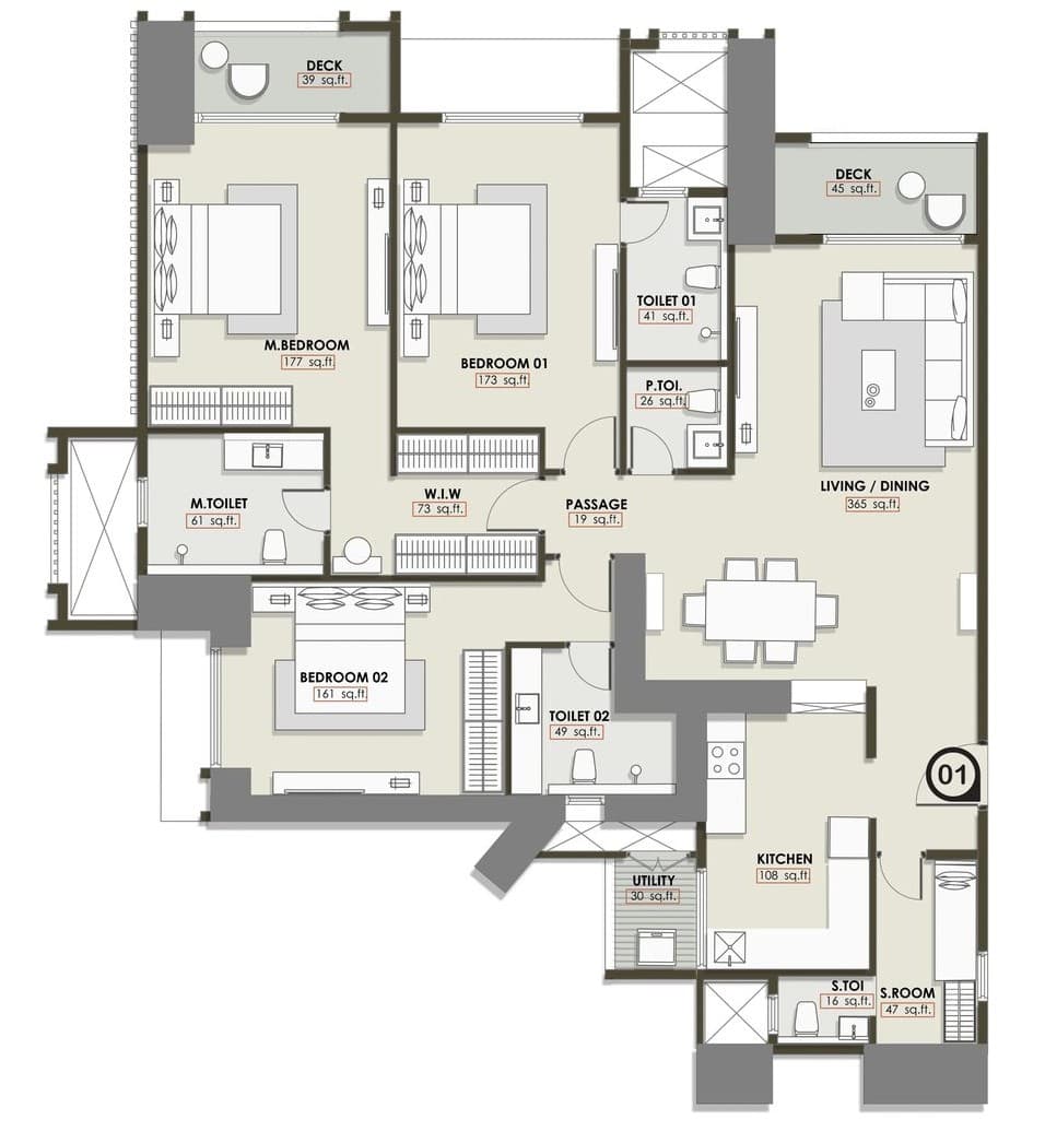 3 BHK T3 floor plan