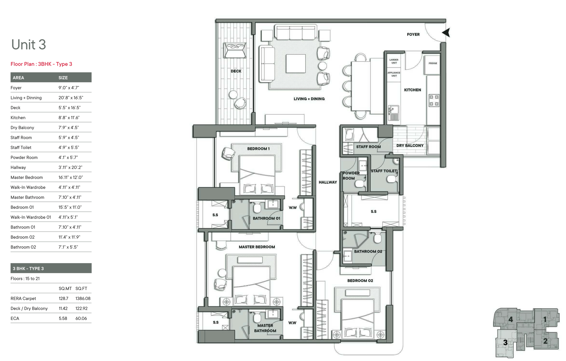 3BHK - Type 3 floor plan