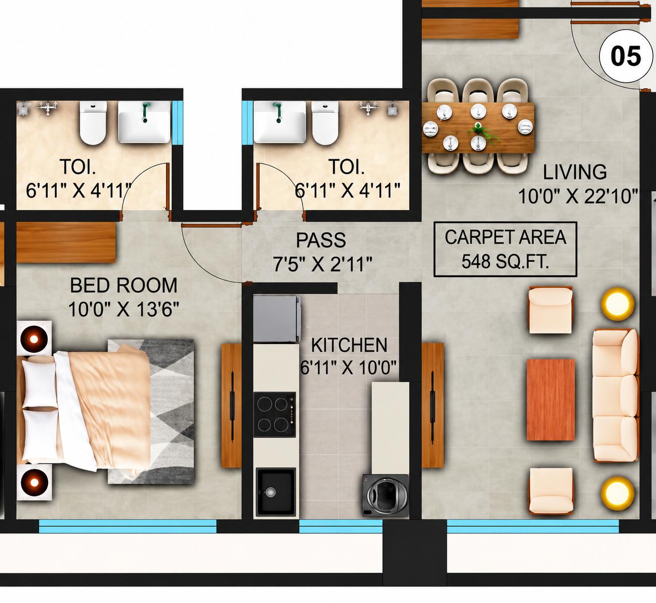 1BHK Grand floor plan