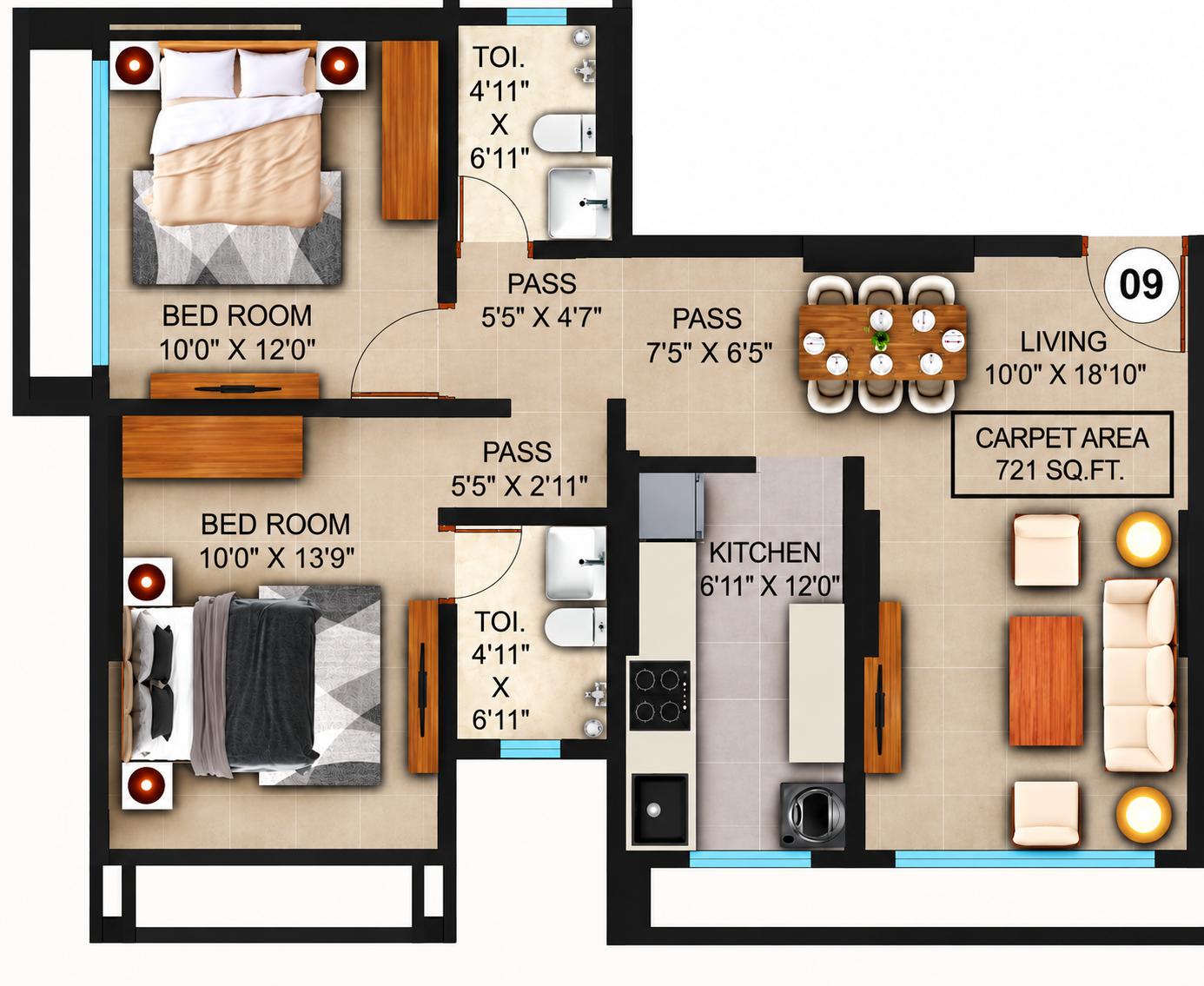 2BHK floor plan